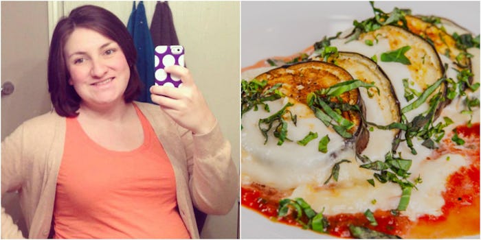 A collage with the author Ashley Austrew taking a mirror selfie and, on the right an eggplant parmes...