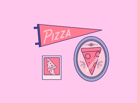 An illustrated polaroid with a pizza, a framed picture with a pizza and a banner with the text 'PIZZ...