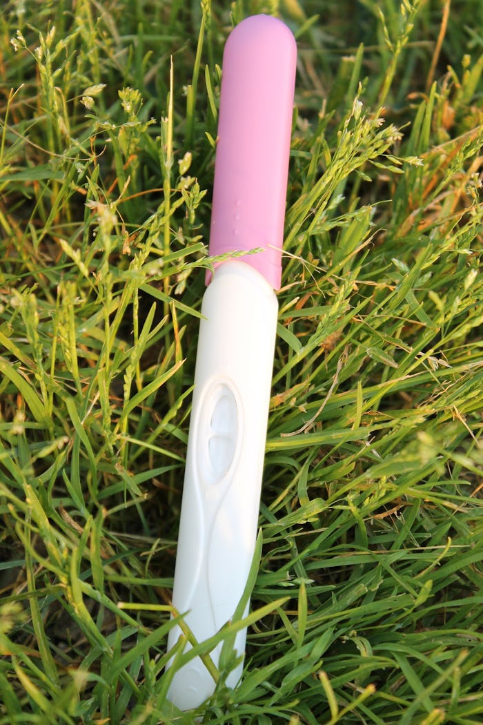 A pink-white pregnancy test in grass