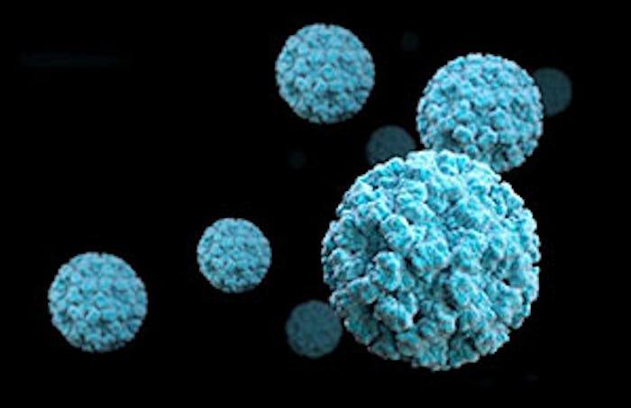 A visual representation of blue Norovirus cells on a black background