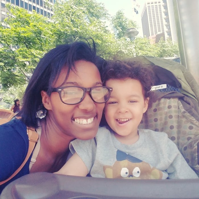 A lazy parent mom posing with her son