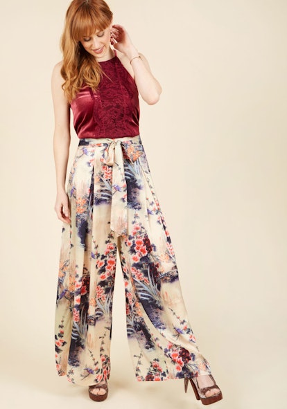 what to wear fall wedding - A pair of wide legged, patterned pants