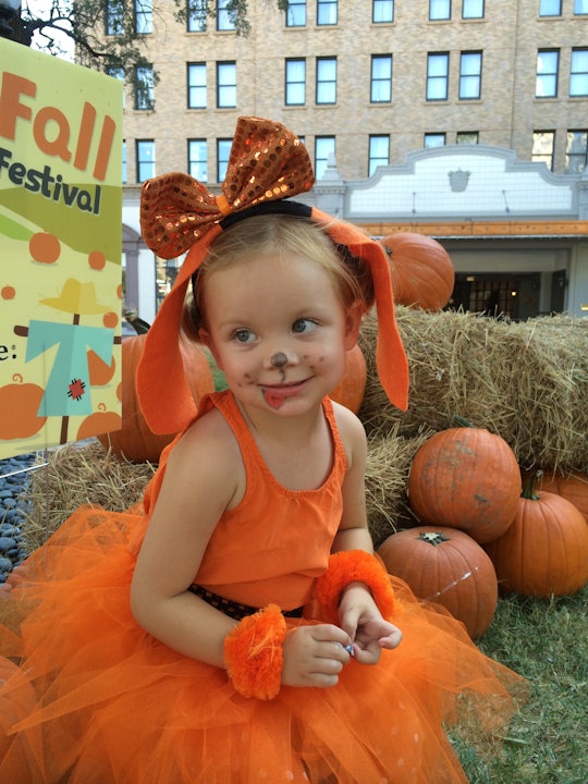 A little girl with PANDAS, in an orange dress with orange dog ears and face paint in a pumpkin field...