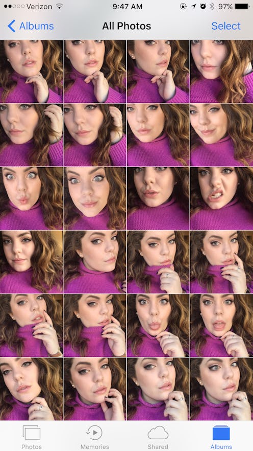 A camera reel of a person taking lots of selfies while wearing a purple turtleneck