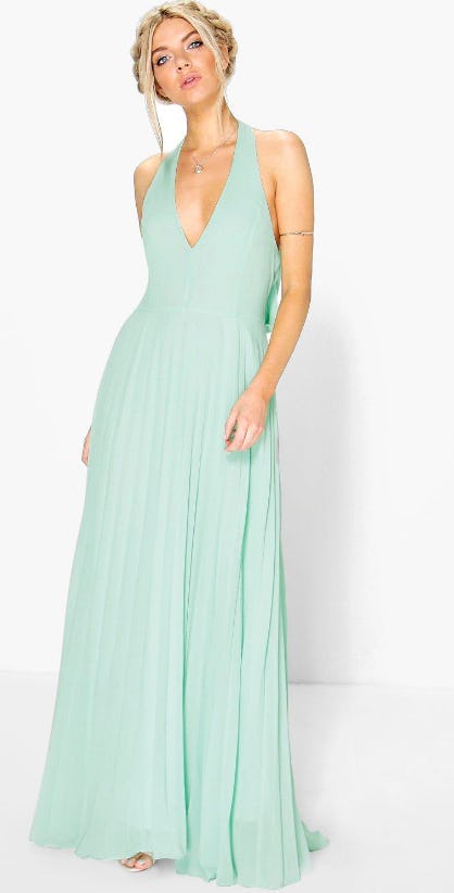 chiffon pleated plunge maxi dress