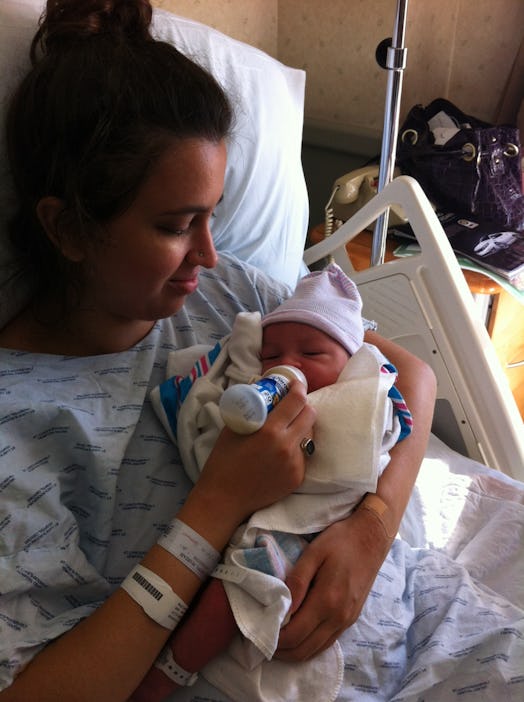 Mariah MacCarthy feeding her newborn baby before placing it for adoption