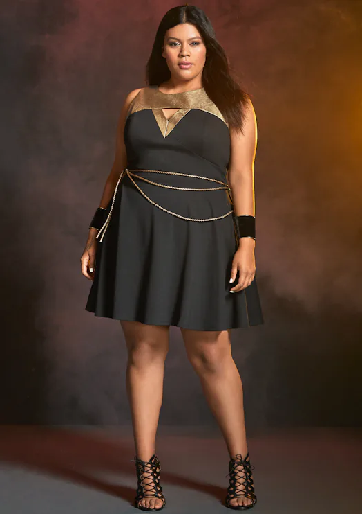 her universe wonder woman lasso skater dress Torrid Her Universe Wonder Woman Lasso Black & Gold Skater Dress Size 22 NWT