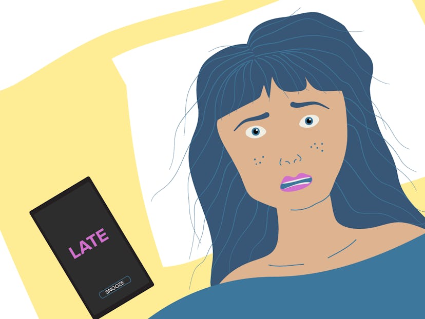 An illustration of a woman with blue hair lying in her bed with 'Late' written on her phone's displa...