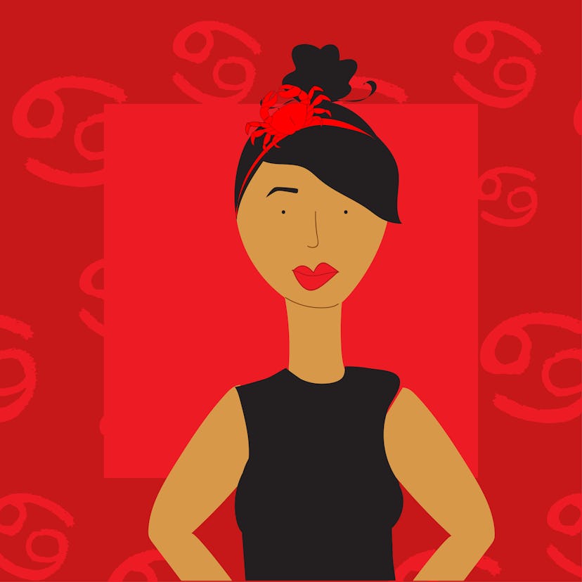 An illustration of a girl wearing a crab headband that represents the Cancer zodiac sign.