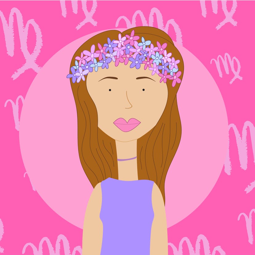 An illustration of a girl wearing a flower headband represents the Virgo zodiac sign.