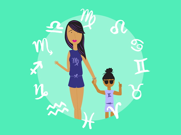 An illustration of a mother and daughter holding hands with horoscope signs all around them