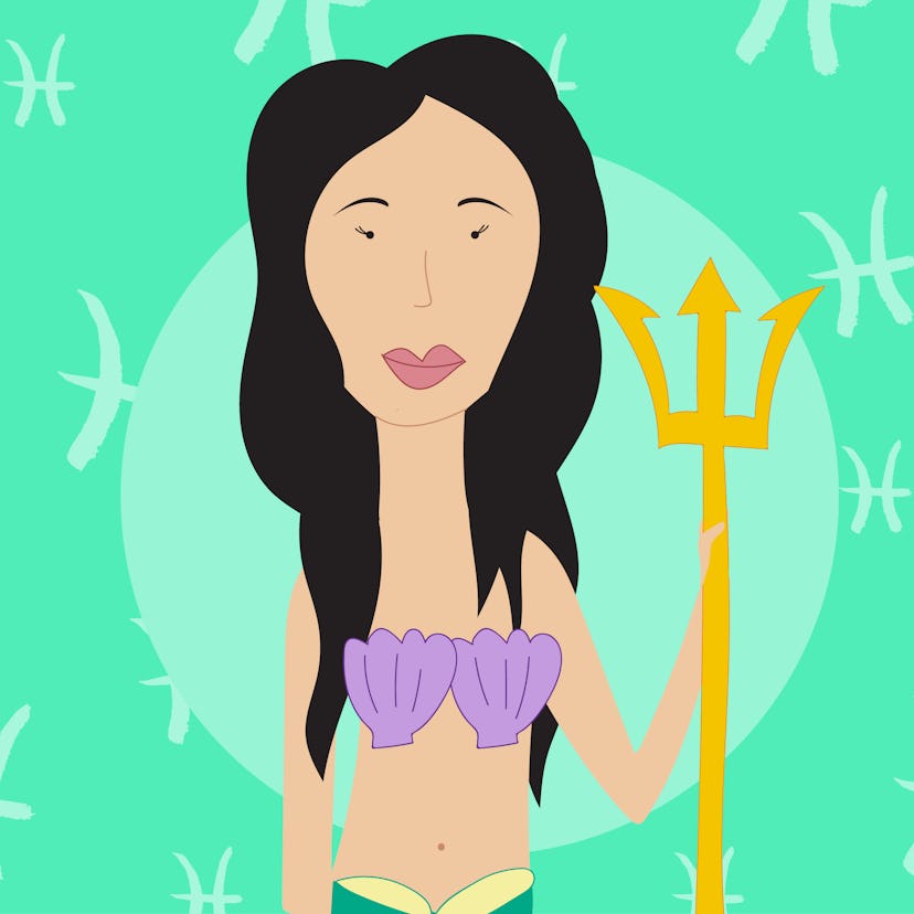 An illustration of a girl dressed in a mermaid costume represents the Pisces zodiac sign.