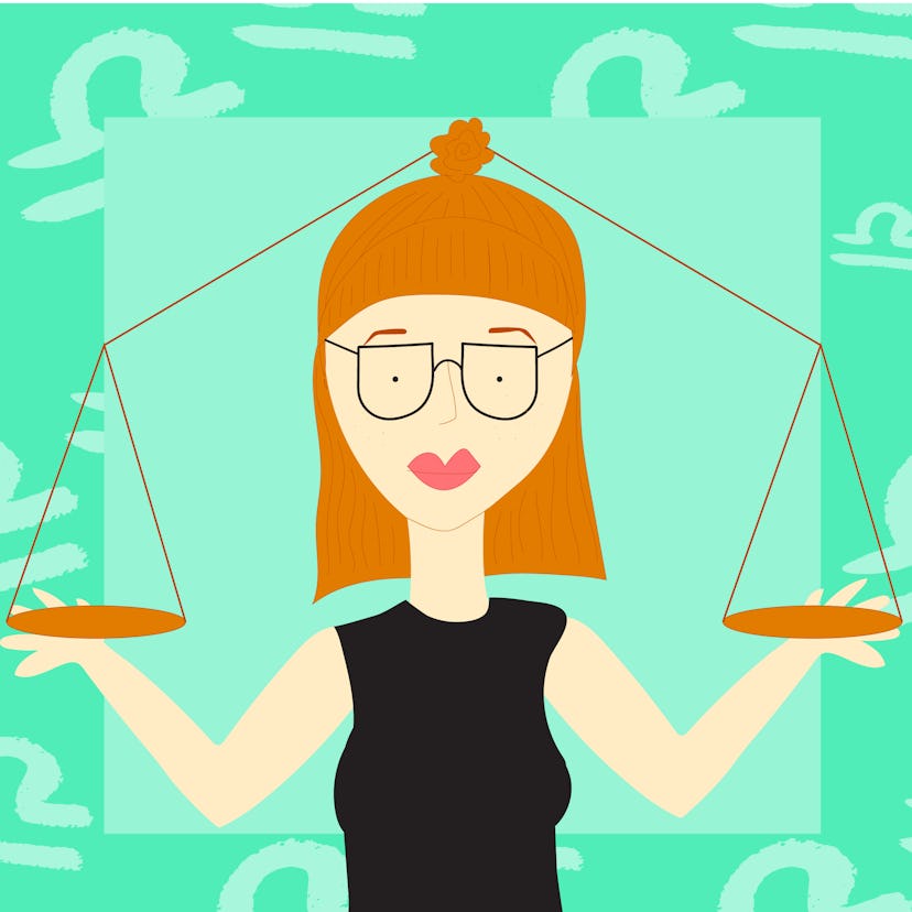 An illustration of a girl holding the scales of justice represents the Libra zodiac sign.