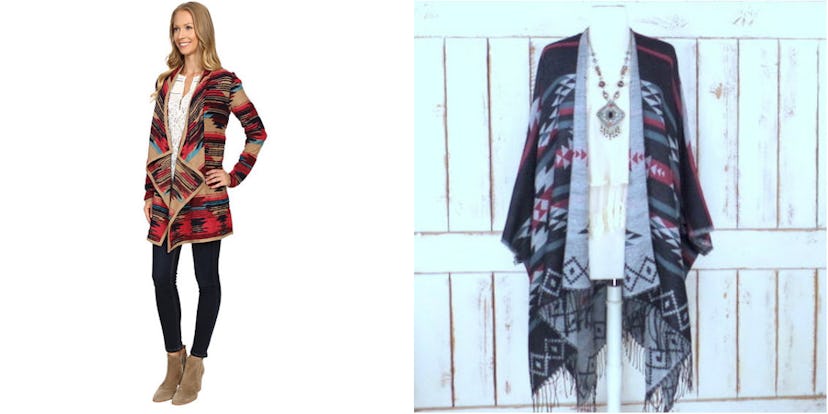 A collage of two photos of a cozy, blanket-style cardigan with tribal Aztec-print