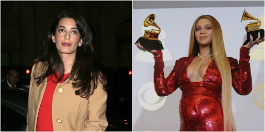 A collage with photos of Amal Clooney and Beyonce posing on the red carpet while being pregnant with...
