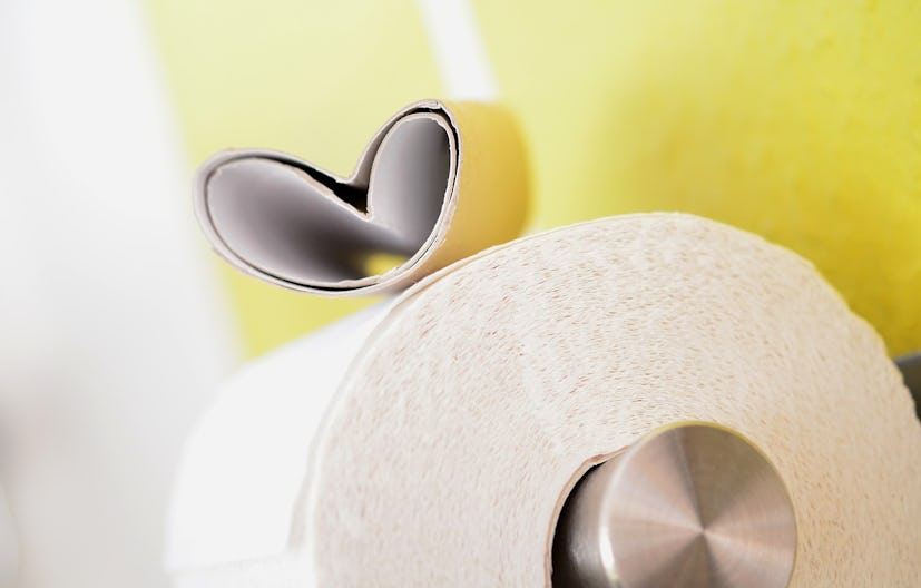 Toilet paper carton in the shape of a heart sign placed on a roll of toilet paper