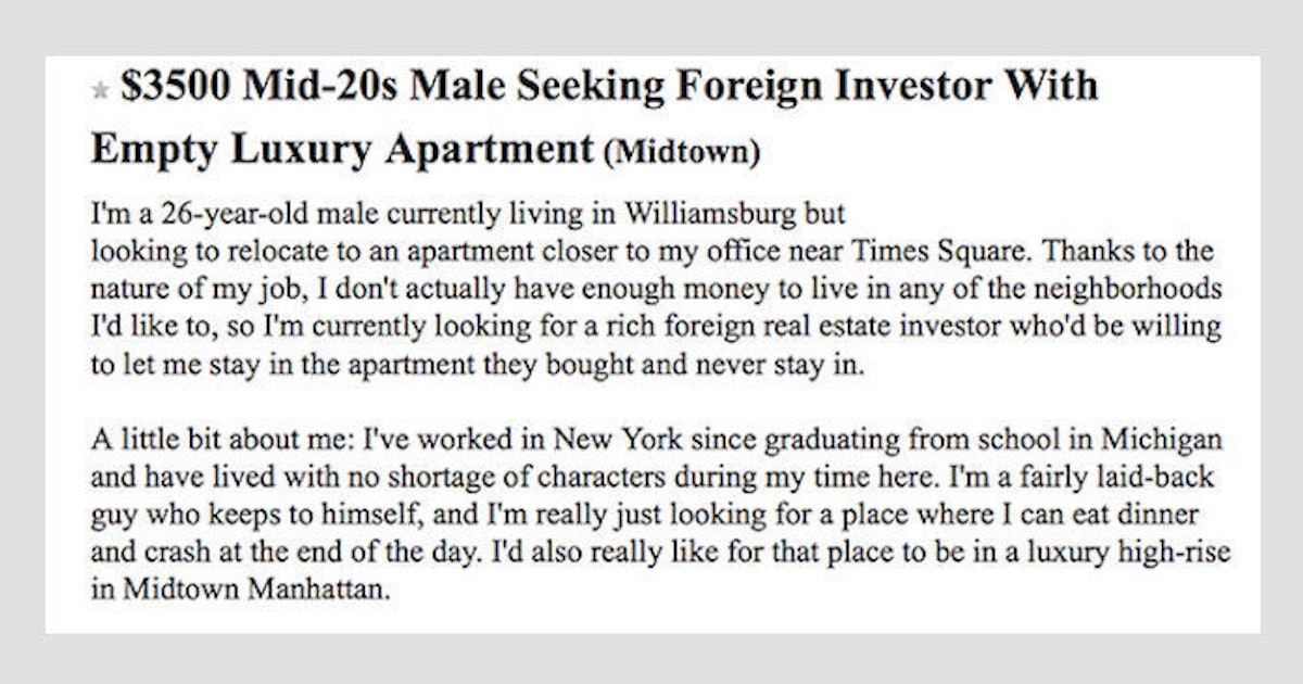 Guy On Craigslist Seeks Billionaire With Empty Apartment