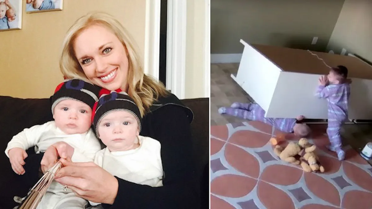 video of dresser falling on twins Toddler Pushes Fallen Dresser Off of Twin Brother