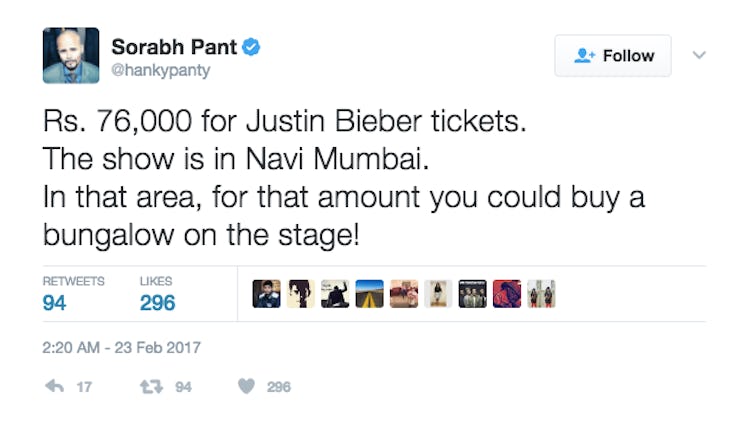justin bieber india tour 2017 ticket price