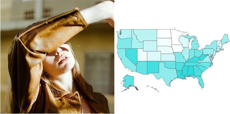 A collage of a woman covering her face with her hands due to stress and a map marking the most stres...