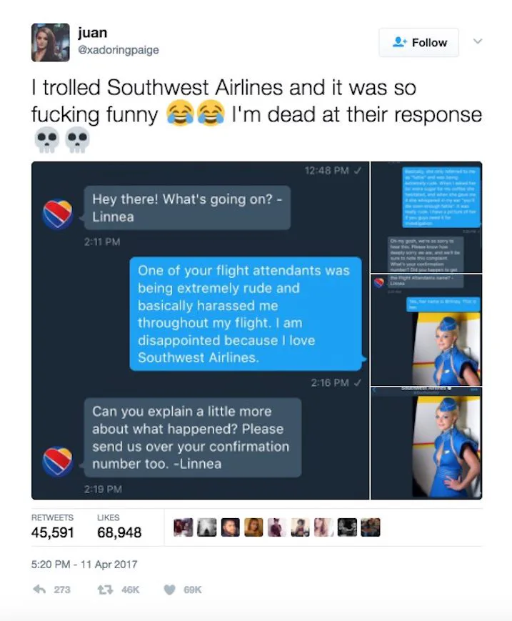 Southwest Airlines Had Perfect Response To Girl Trolling Them