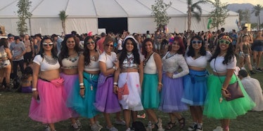 A bride with her friends at her bachelorette party at Coachella, all wearing tulle skirts