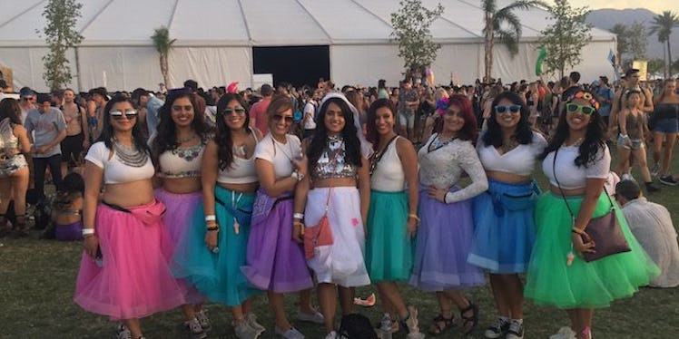 A bride with her friends at her bachelorette party at Coachella, all wearing tulle skirts