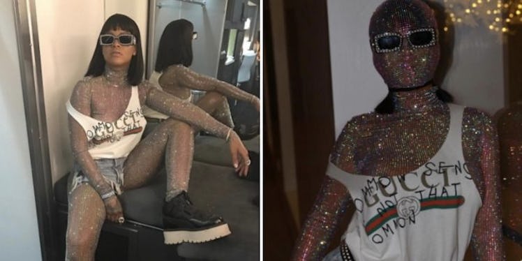 A collage of Rihanna getting ready for Coachella in a glitter body suit and a Gucci white tank top o...