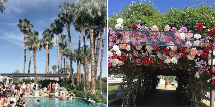 A two-part collage of two segment of Revolve's Coachella party with a swimming pool and floral decor...
