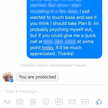 Screenshot of a chat where a woman is asking about plan B and a "you are protected" response