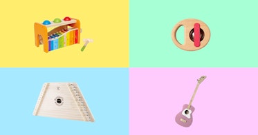 musical instruments for toddlers set against a multi-colored background.