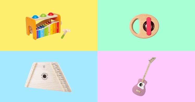 musical instruments for toddlers set against a multi-colored background.