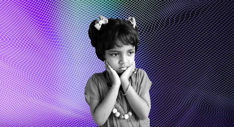 A young child depicting signs of depression hold her hands to her face in front of a purple backgrou...