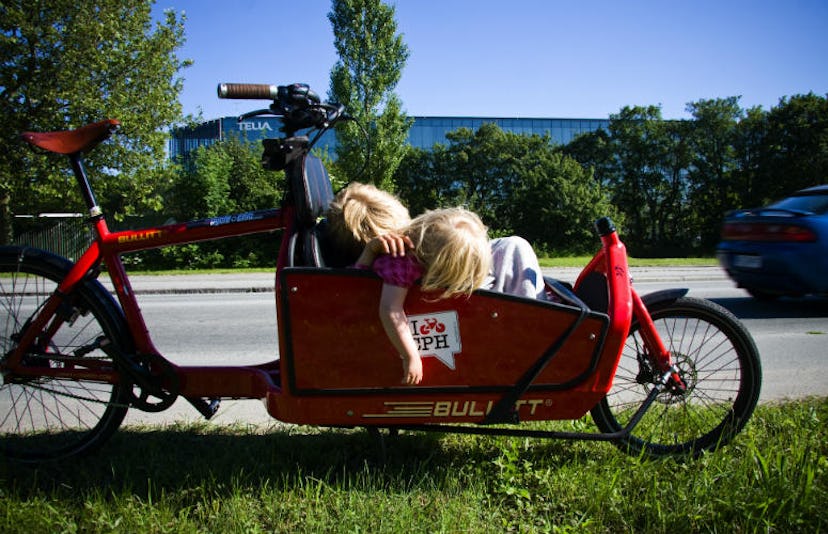 Kids sleeping in a bicycle in Copenhagen