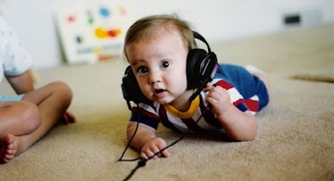 toddler wearing headphones