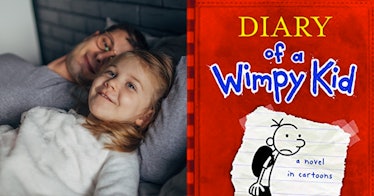 Daughter and father lying in bed, with "Diary of a Wimpy Kid" at the forefront