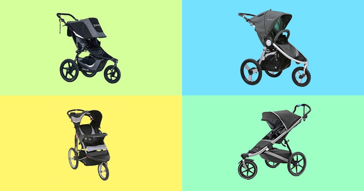 Various baby jogging strollers set against multi-colored backgrounds.