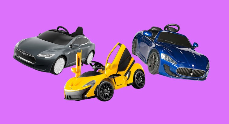 A collage of three of the best luxury ride-on cars for kids on a purple background