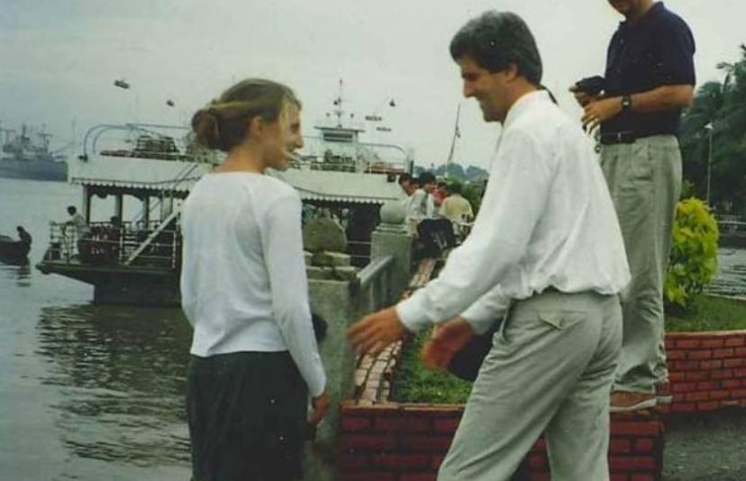 Vanessa Kerry and John Kerry at a family trip to Vietnam when she was 14, at a dock 