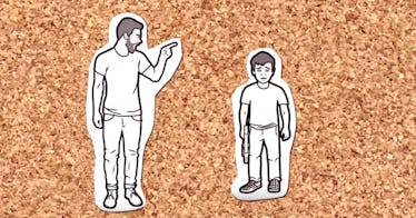 cut out paper figures depicting father yelling at a child on cork background