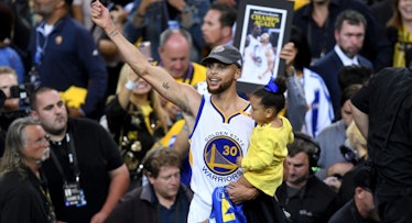 stephen curry and daughter celebrating warriors victory