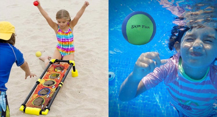 Kids playing aquaticz skeeball toss and a girl diving with a green ball in a two-part collage