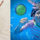 Kids playing aquaticz skeeball toss and a girl diving with a green ball