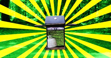 an old gas grill turned homemade smoker against a green and yellow starburst pattern