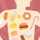 Illustration of a man with a variety of fast food and junk food in his body