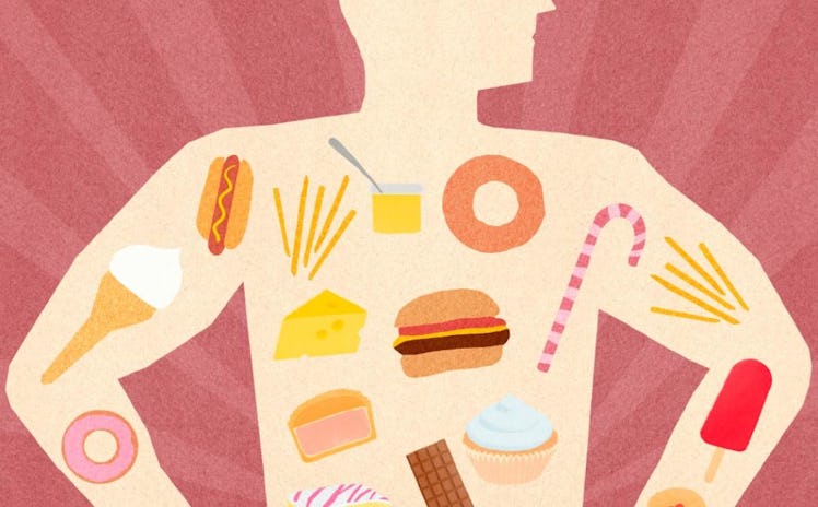 An illustrated man with a variety of fast food and junk food in his body