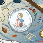 An illustration of a kid in a bubble surrounded by a clock and numbers representing time passing