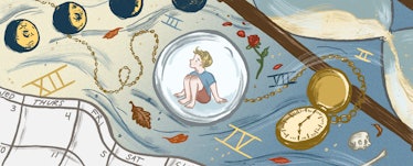 An illustration of a kid in a bubble surrounded by a clock and numbers representing time passing