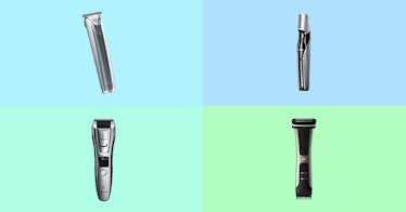 group of four different beard trimmers for men, set against a light blue and green checkerboard back...