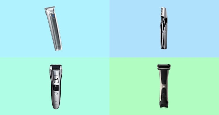 group of four different beard trimmers for men, set against a light blue and green checkerboard back...